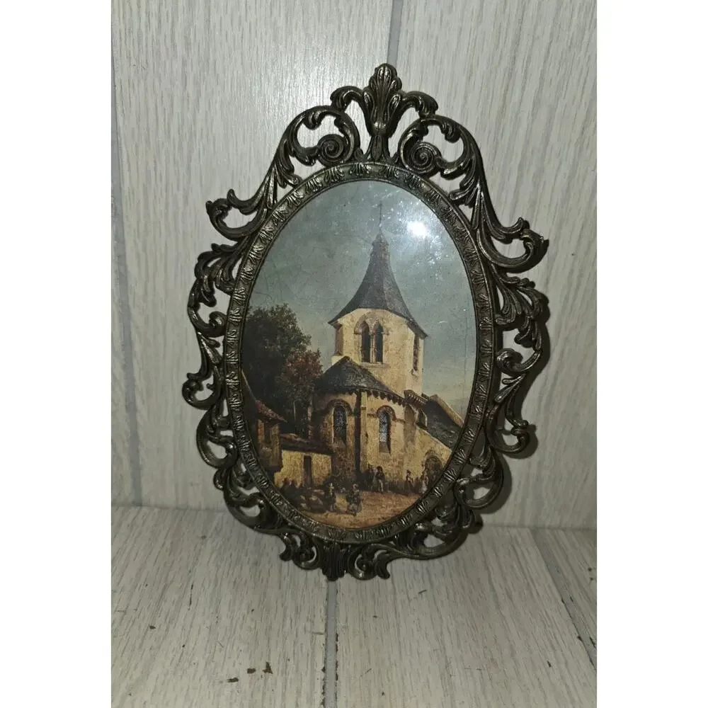 Vintage Italian Oval Ornate Filigree Frame With Gothic European Church Print